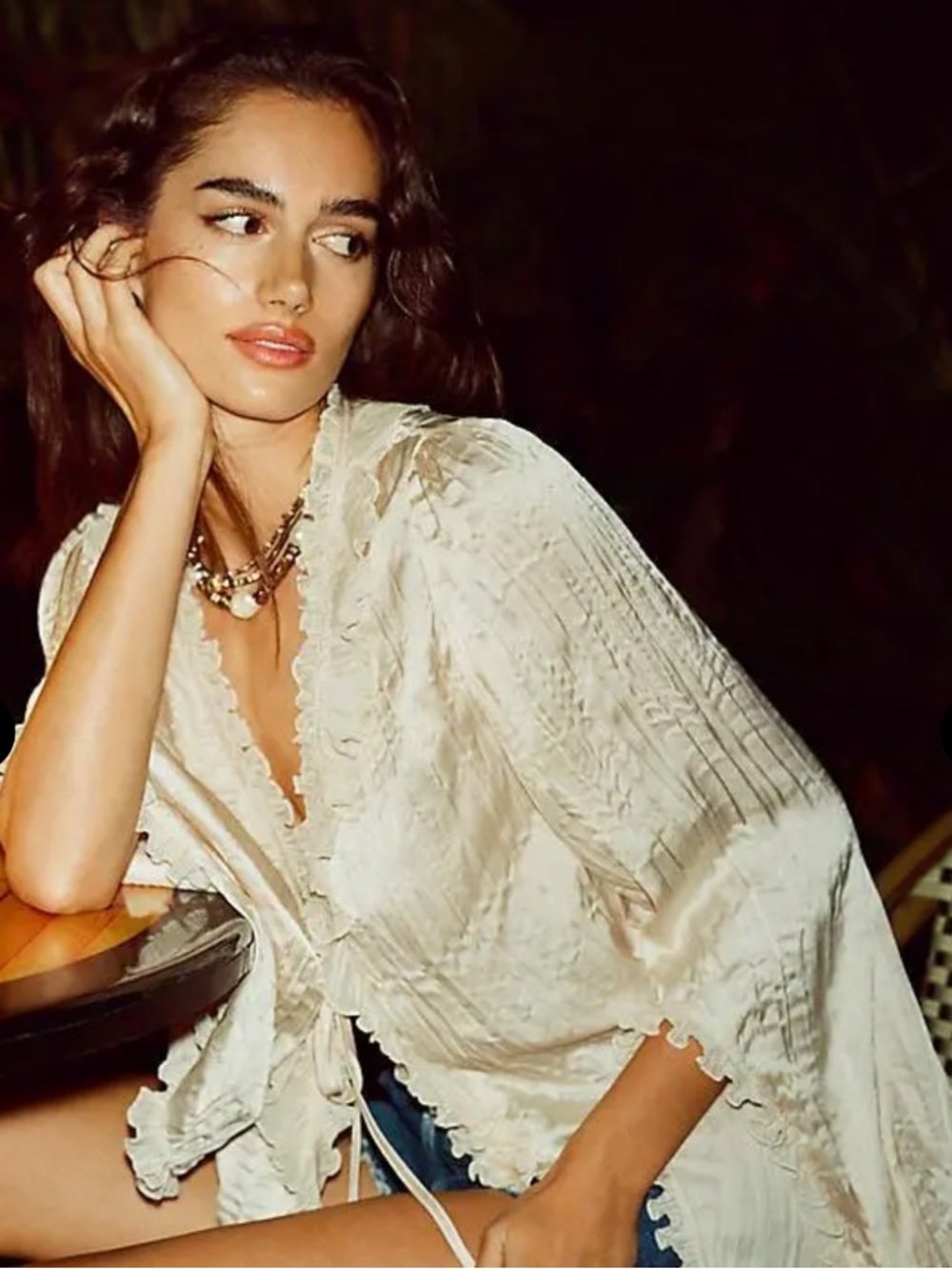 Anthropologie - Long- Sleeve Ruffled Tie-Front Top in Cream XS NWTS!